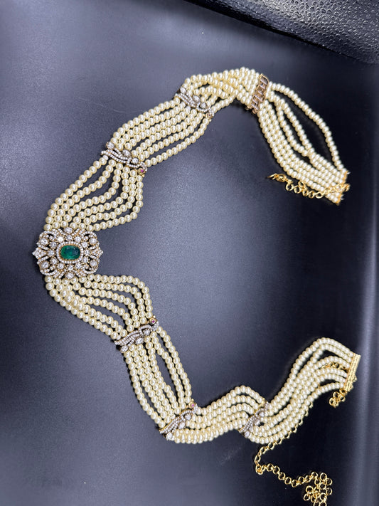 Victoria pendent with studded peacock pearls hip belt