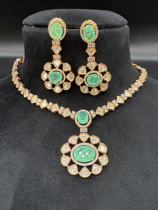 Mozonite Kundan set with mint stone-short
