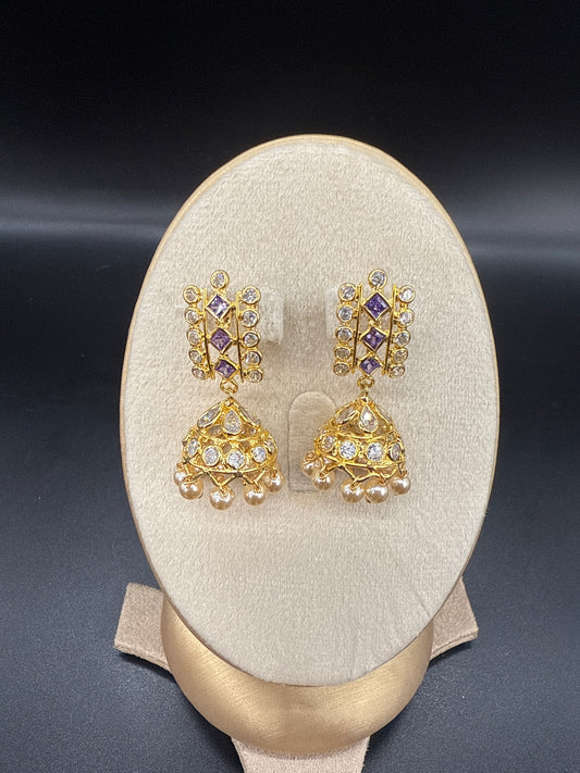 Cz jhumka-purple white