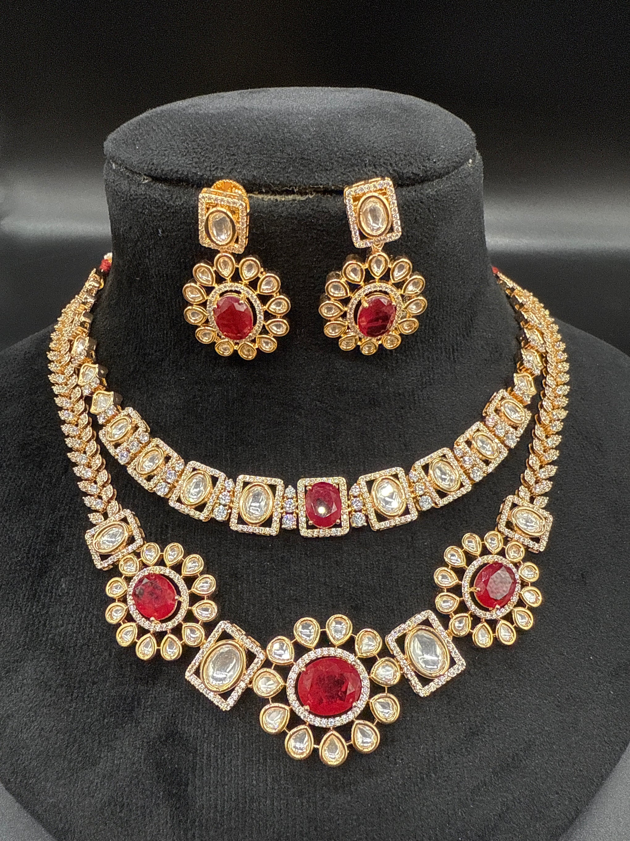 Double layer mozonite ruby necklace set