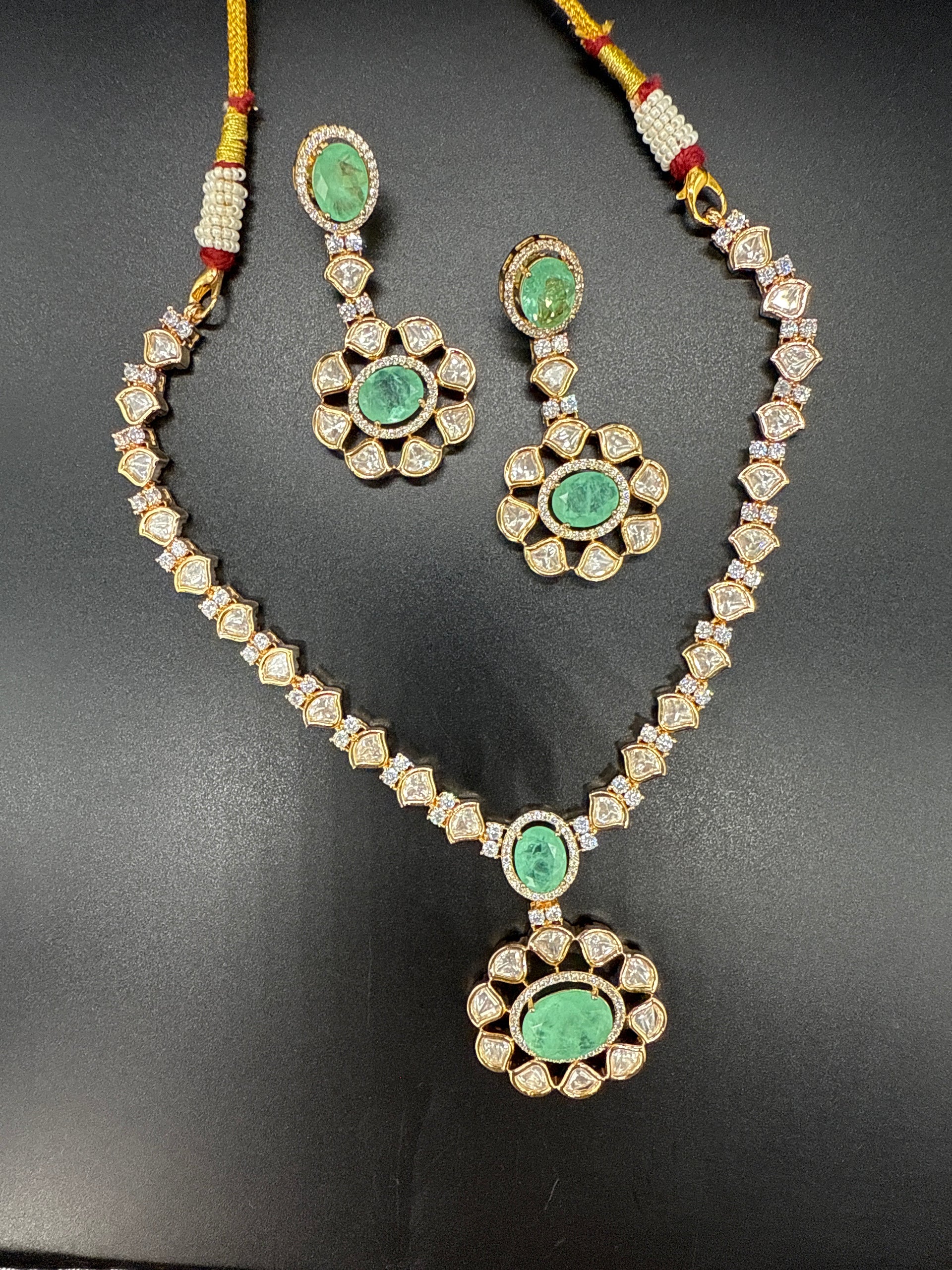Mozonite Kundan set with mint stone-short
