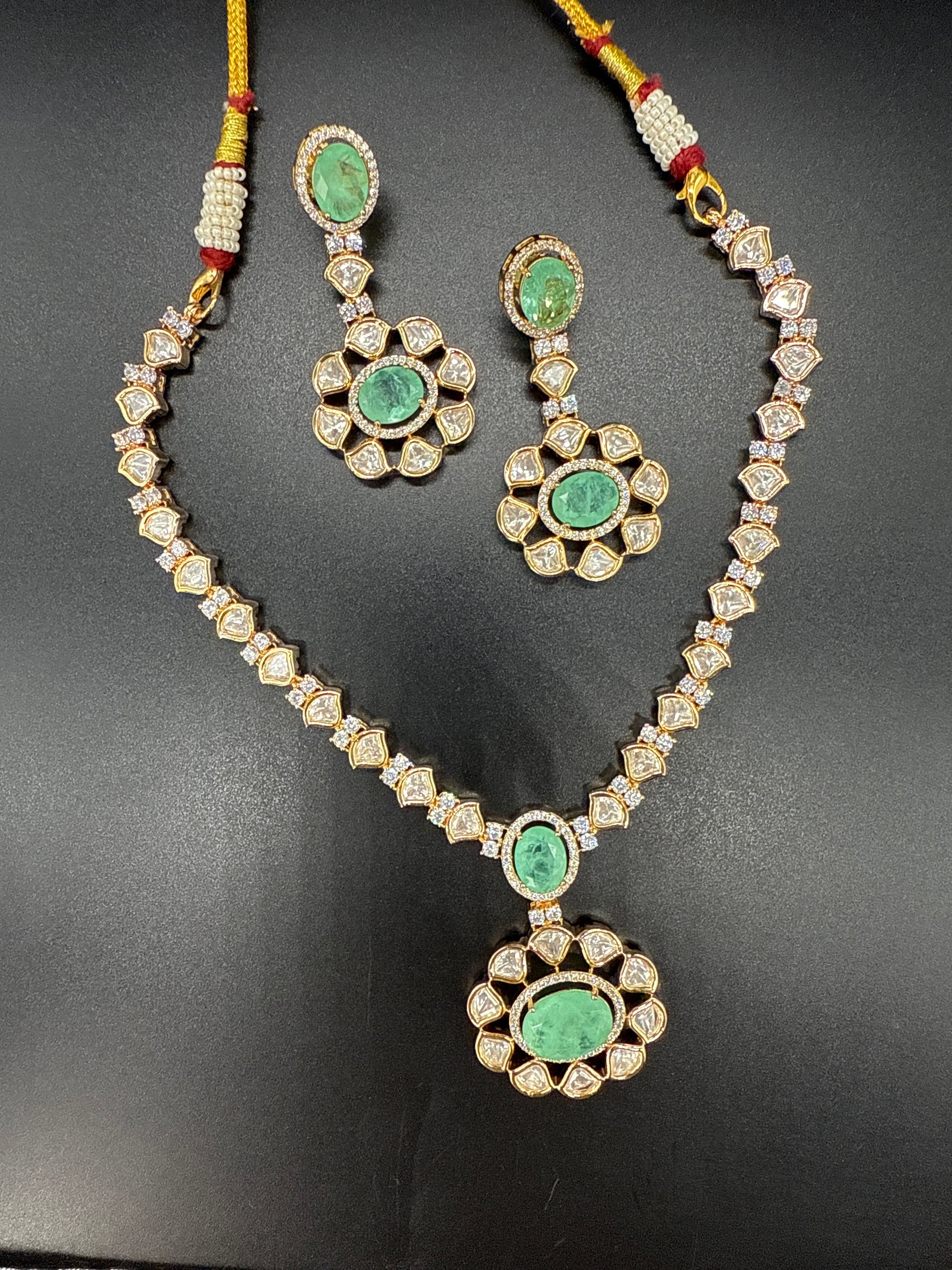 Mozonite Kundan set with mint stone-short