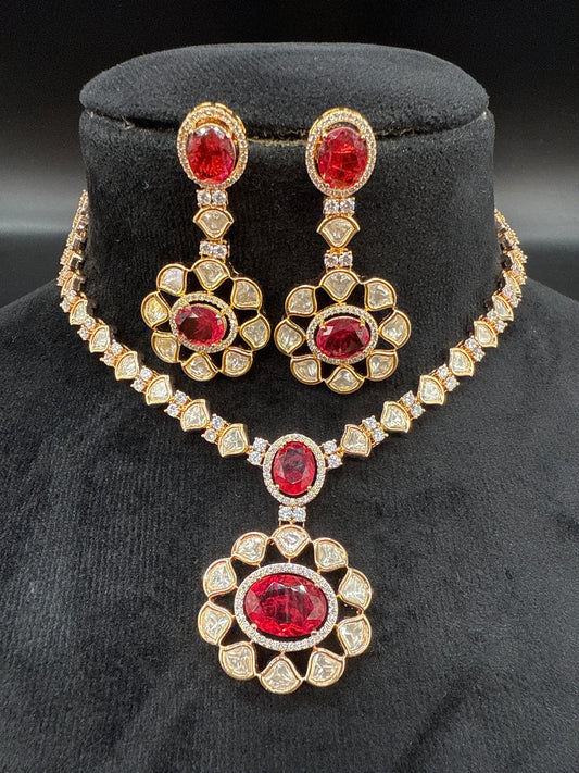Mozonite Kundan necklace set with ruby stone- short