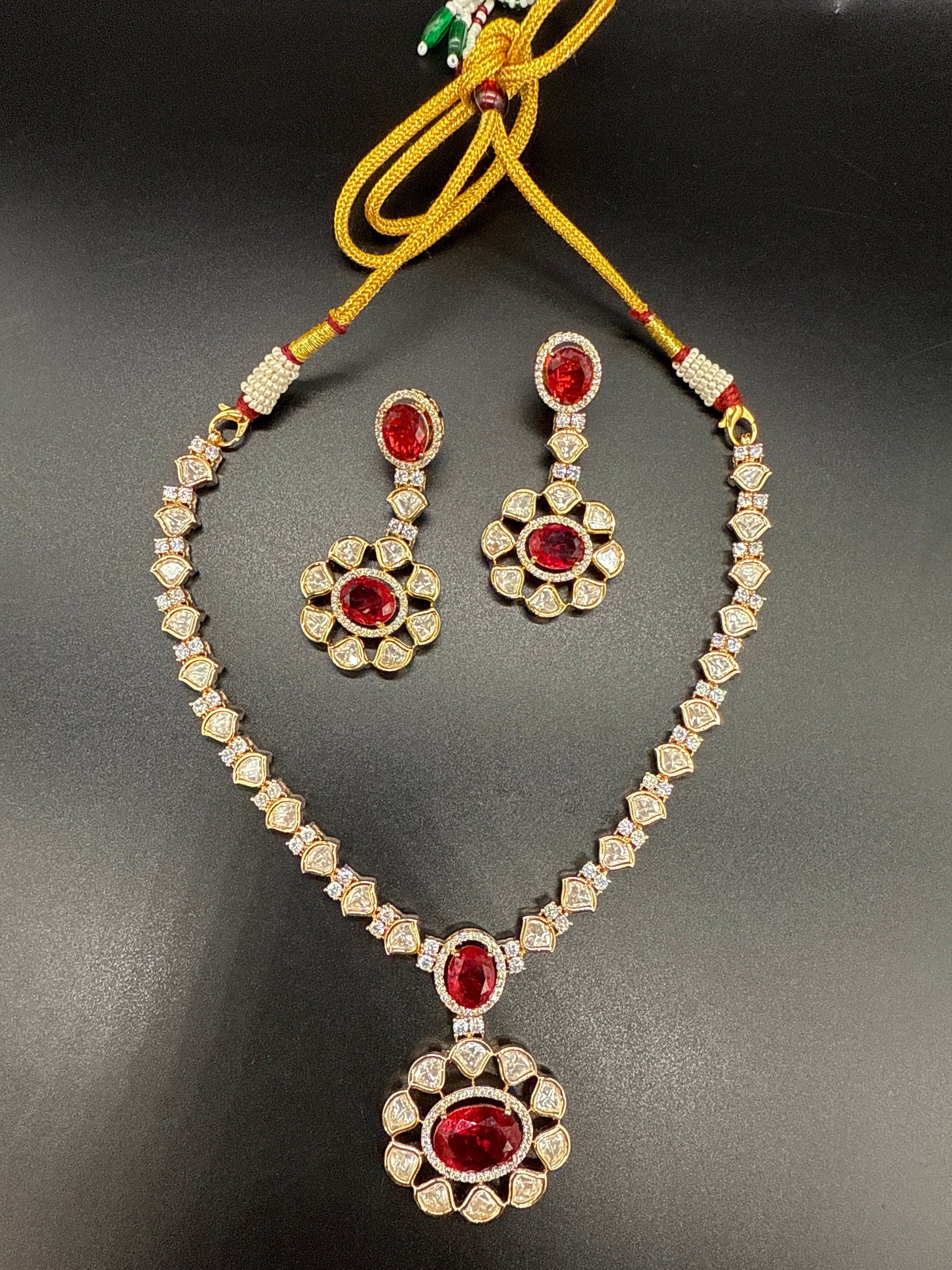 Mozonite Kundan necklace set with ruby stone- short