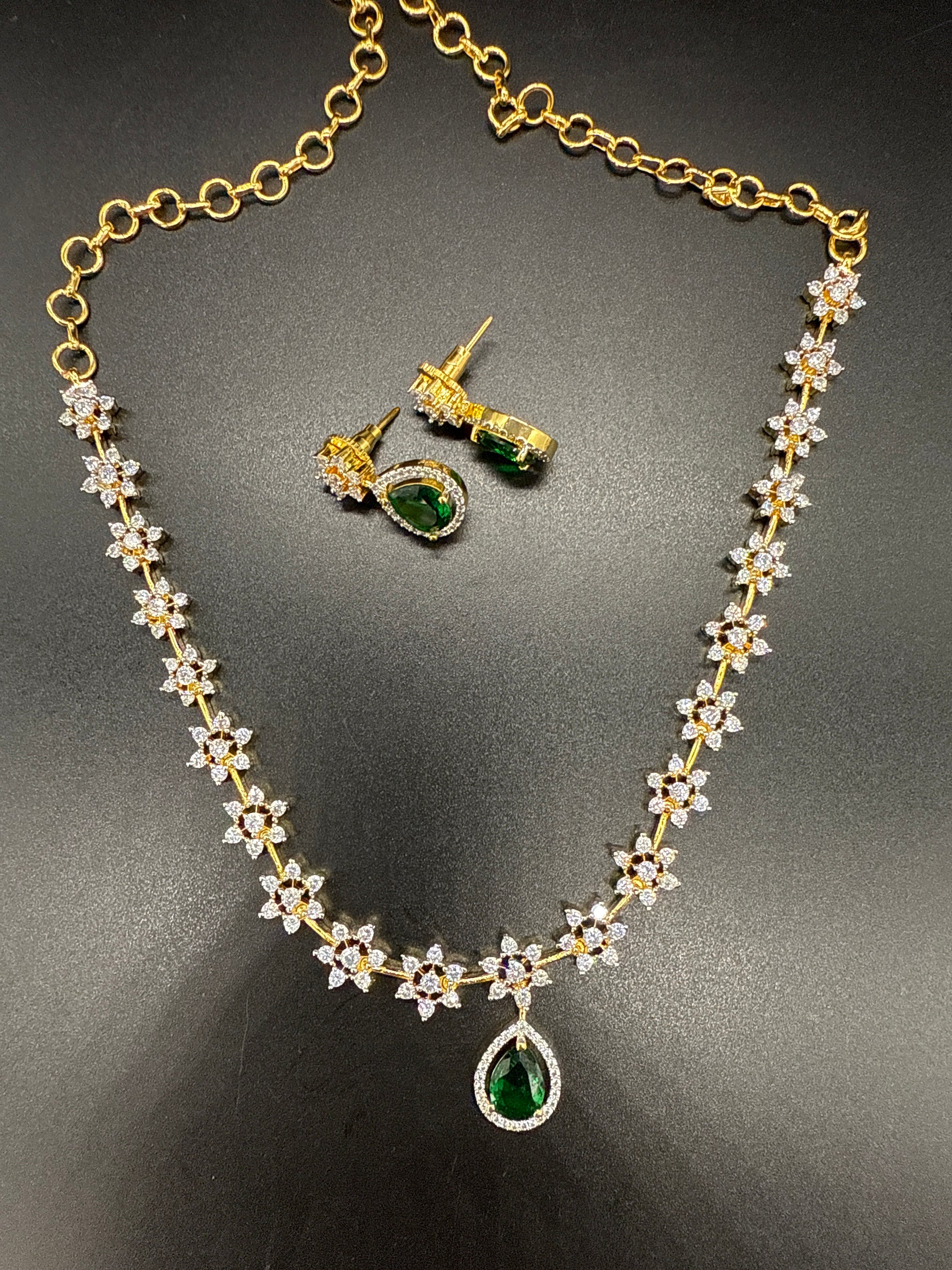 CZ stone necklace set with emerald stone-short