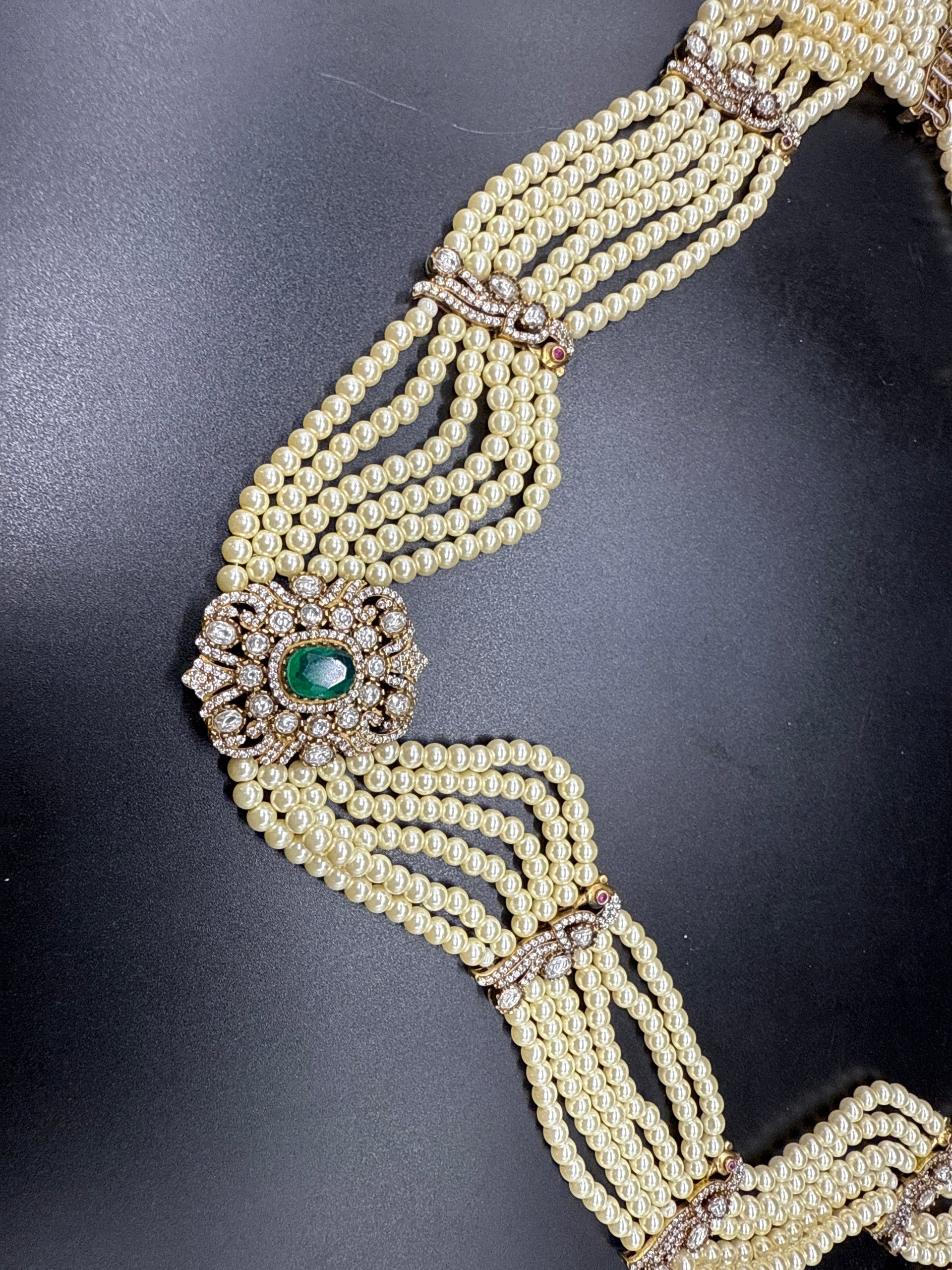 Victoria pendent with studded peacock pearls hip belt