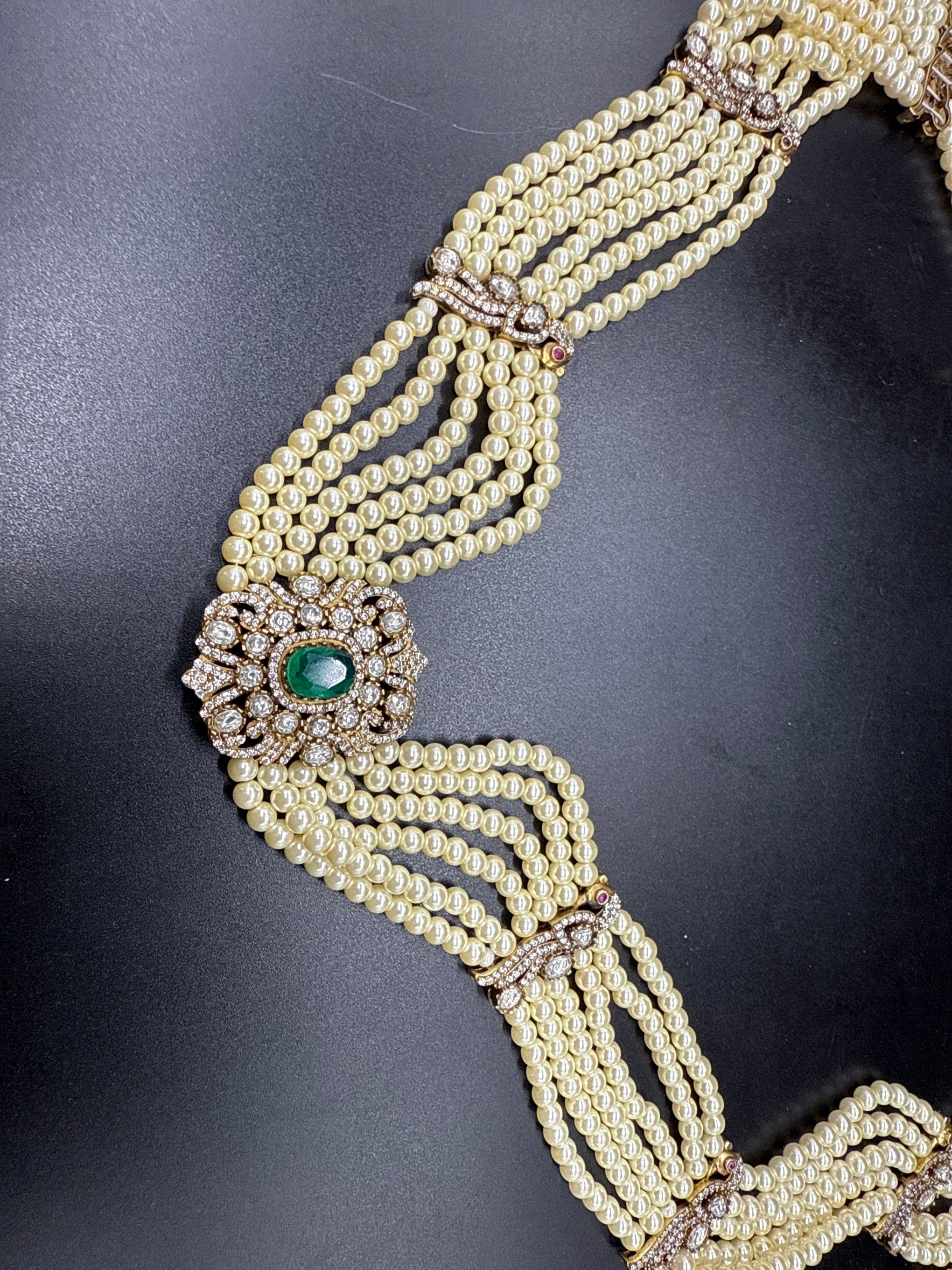 Victoria pendent with studded peacock pearls hip belt