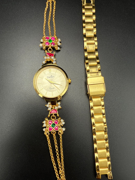 Kundan band with round dial watch