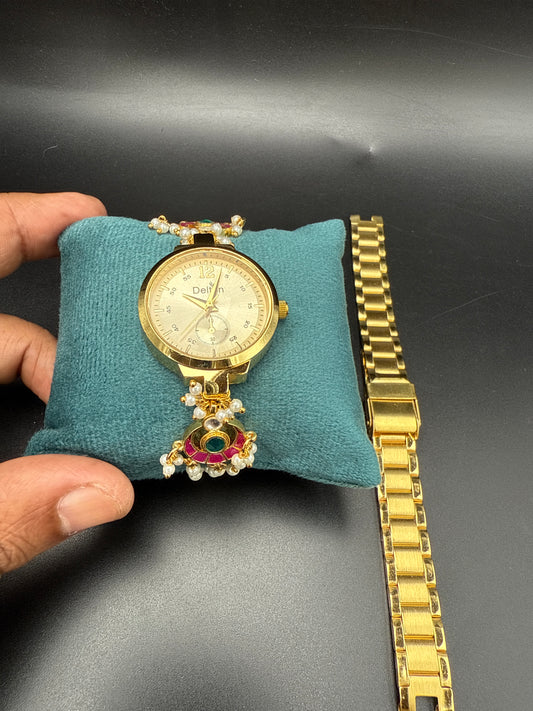 Kundan pearl band with round dial watch