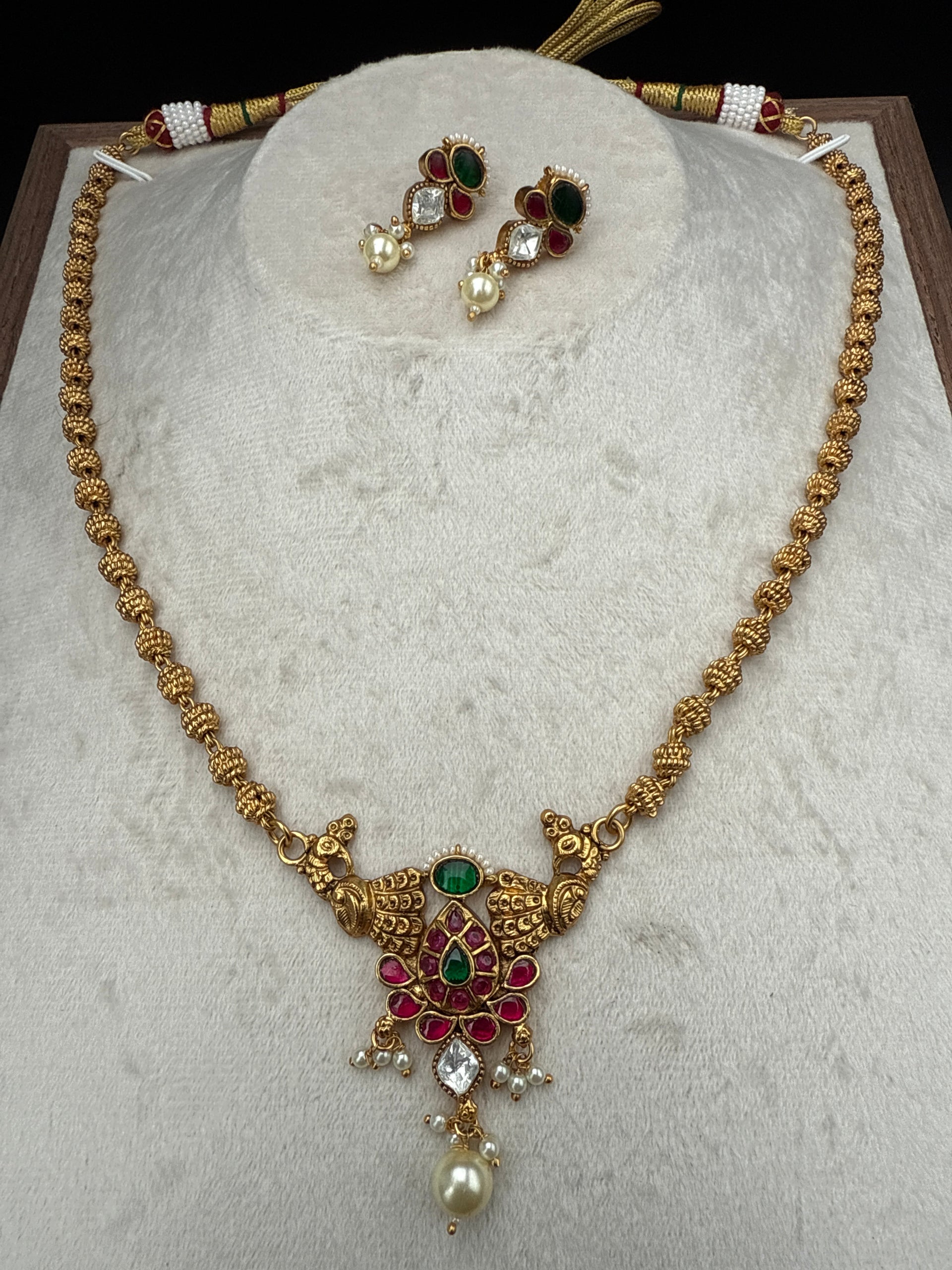 Golden beads necklace  set with screw type earrings