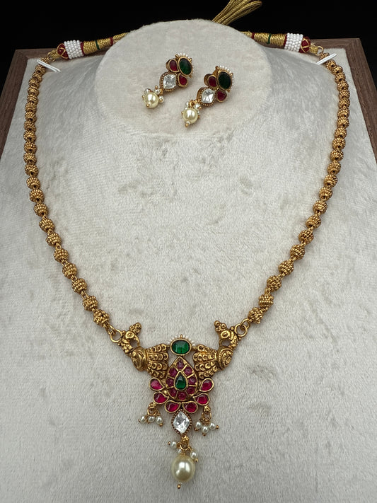 Golden beads necklace  set with screw type earrings