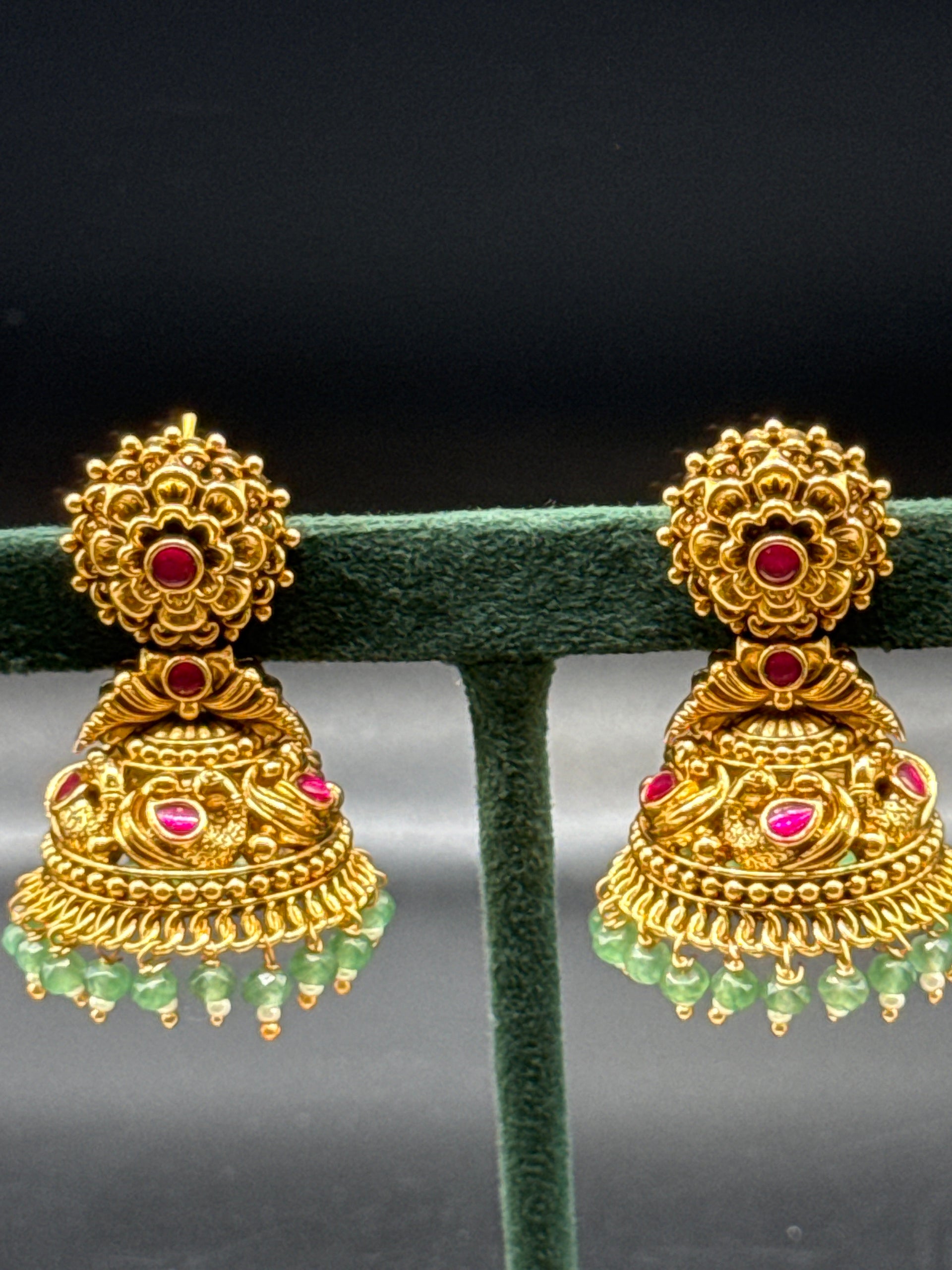 Nakshi peacock jumka with flower studs