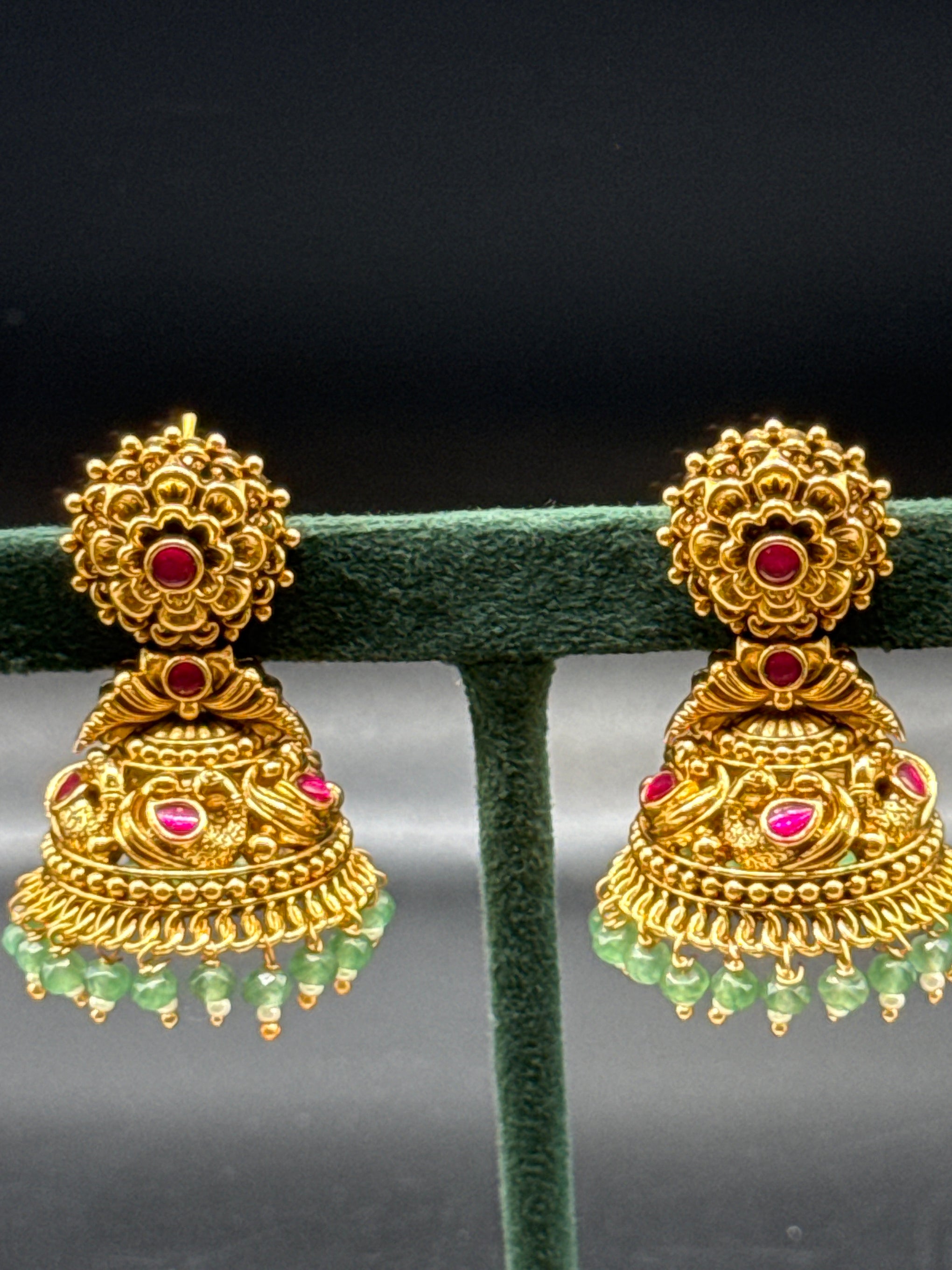 Nakshi peacock jumka with flower studs