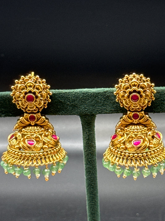 Nakshi peacock jumka with flower studs