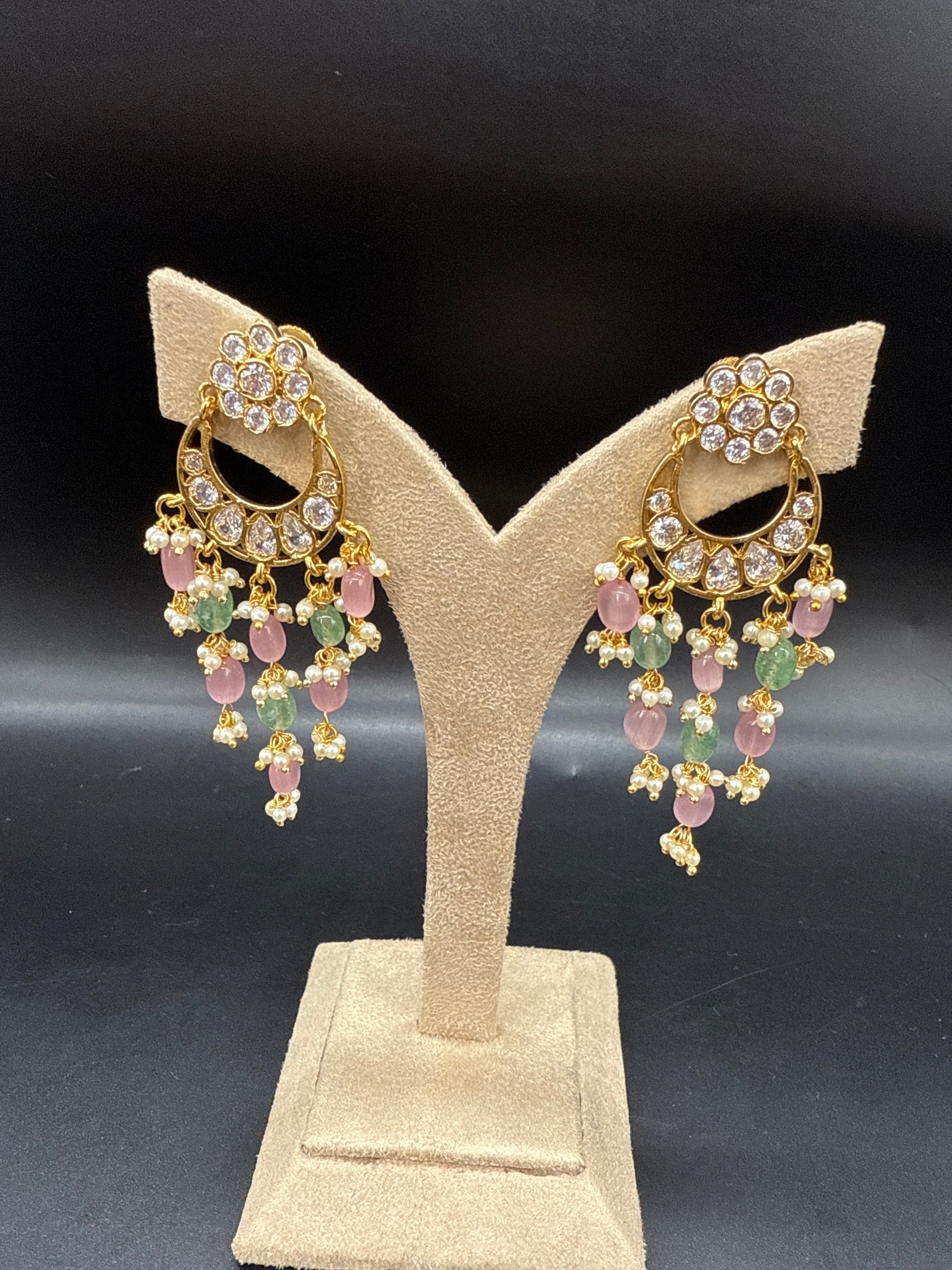 Chandbali babipink green and pearl hanging