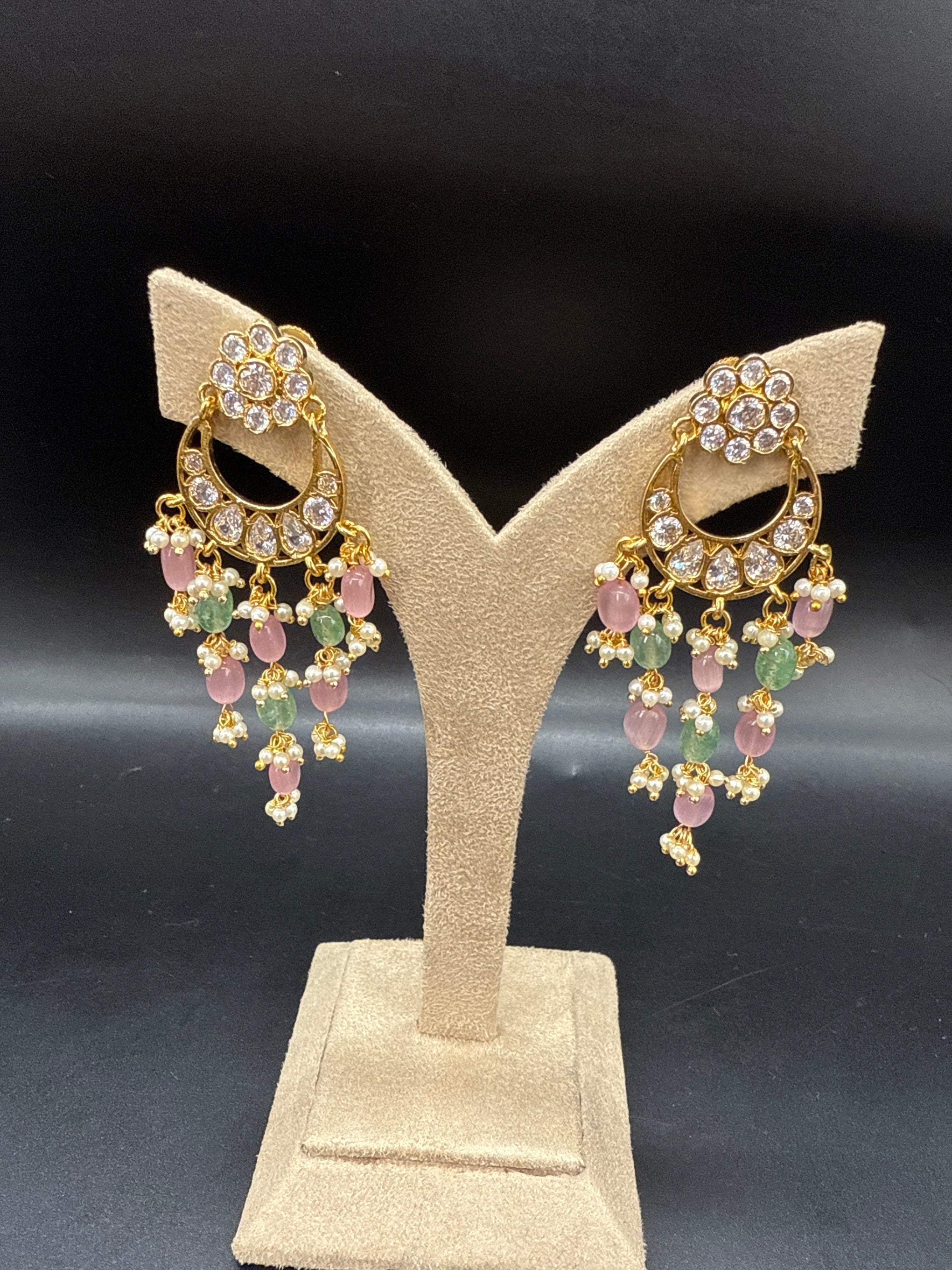 Chandbali babipink green and pearl hanging