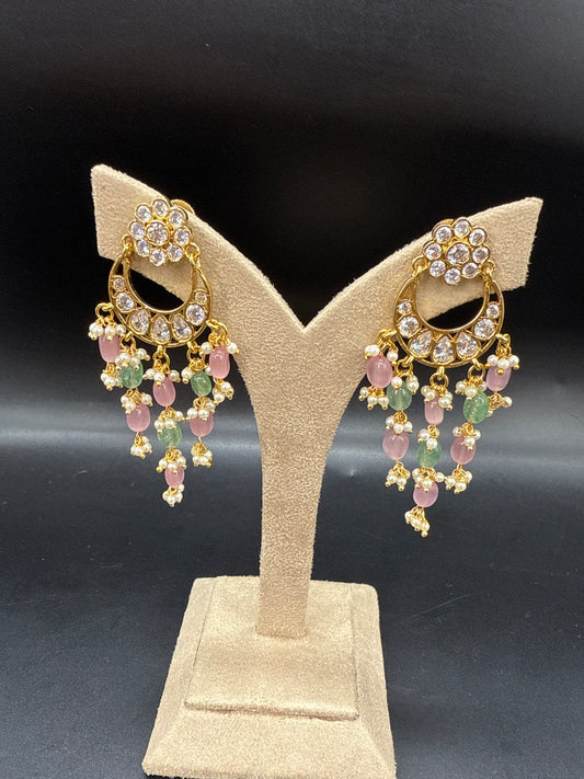 Chandbali babipink green and pearl hanging