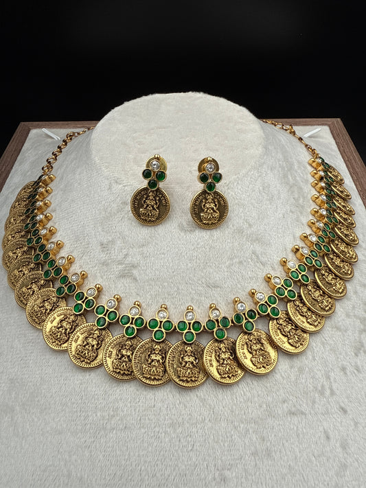 Lakshmi kasula haram green and white stones set