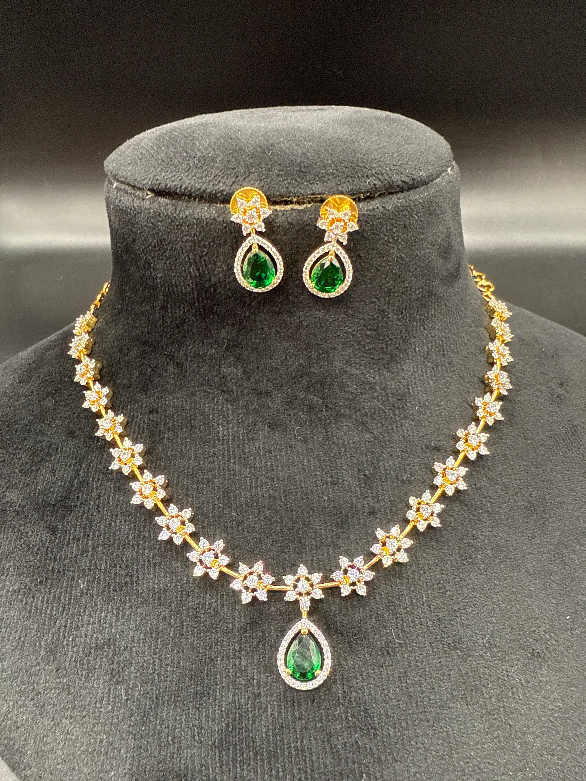 CZ stone necklace set with emerald stone-short