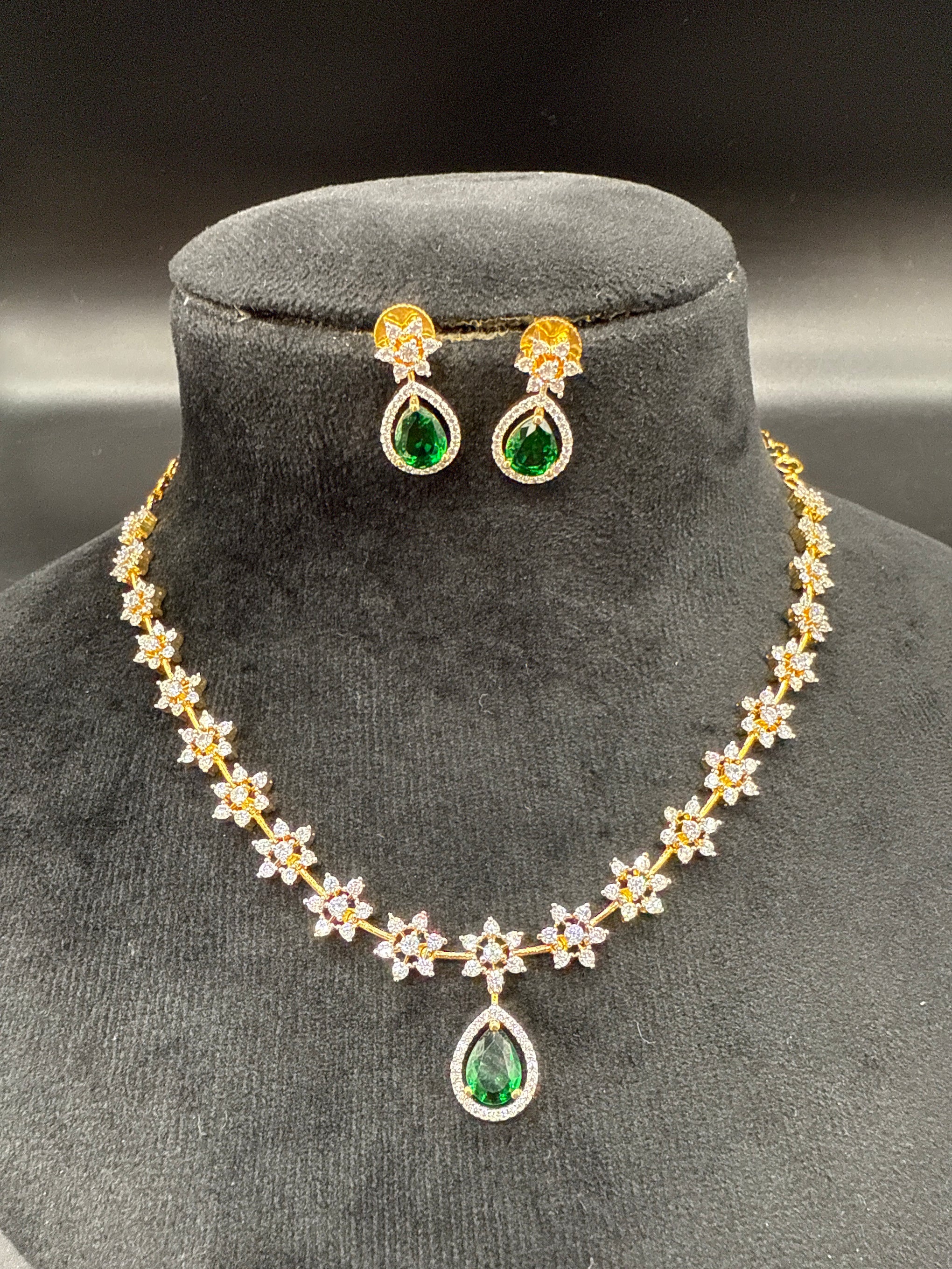 CZ stone necklace set with emerald stone-short