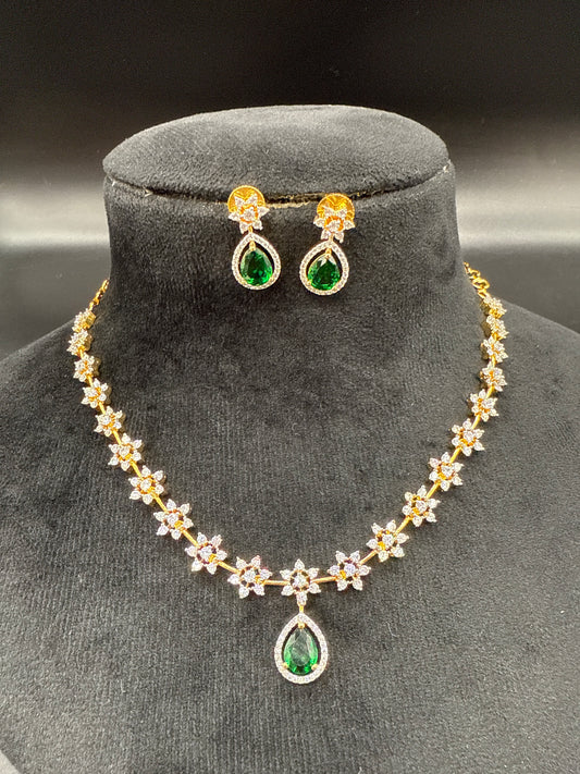 CZ stone necklace set with emerald stone-short