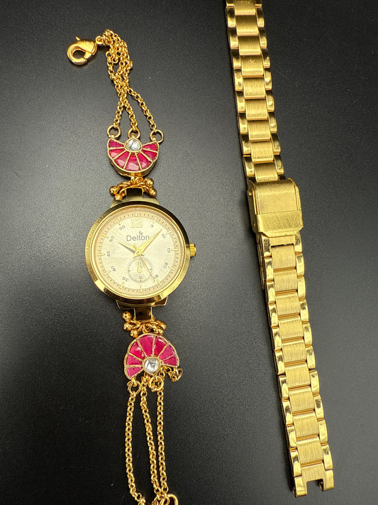 Kundan band with round dial watch