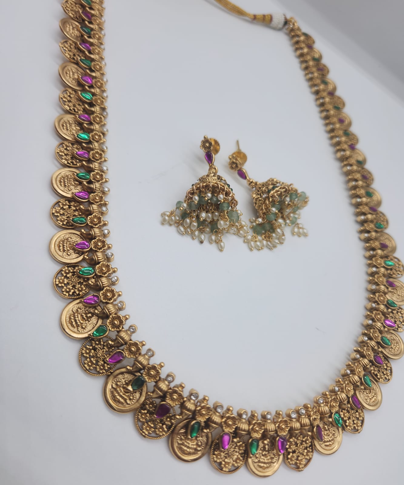 Lakshmi coin long haram with Kundan stones (Kasula haram)
