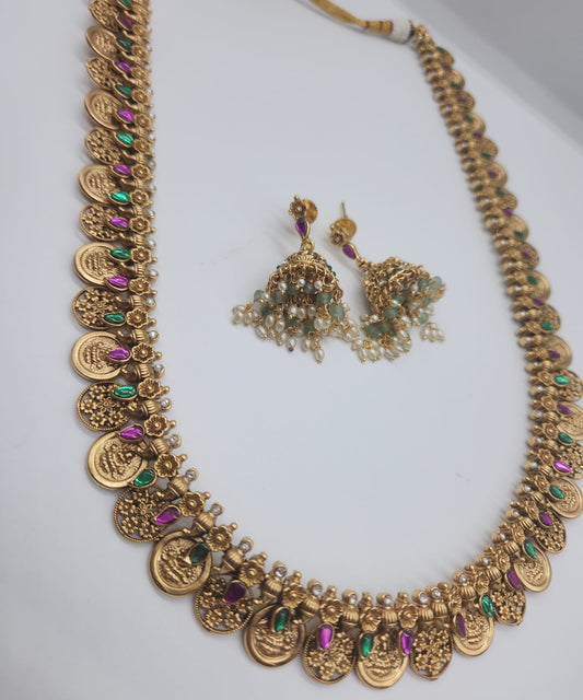 Lakshmi coin long haram with Kundan stones (Kasula haram)