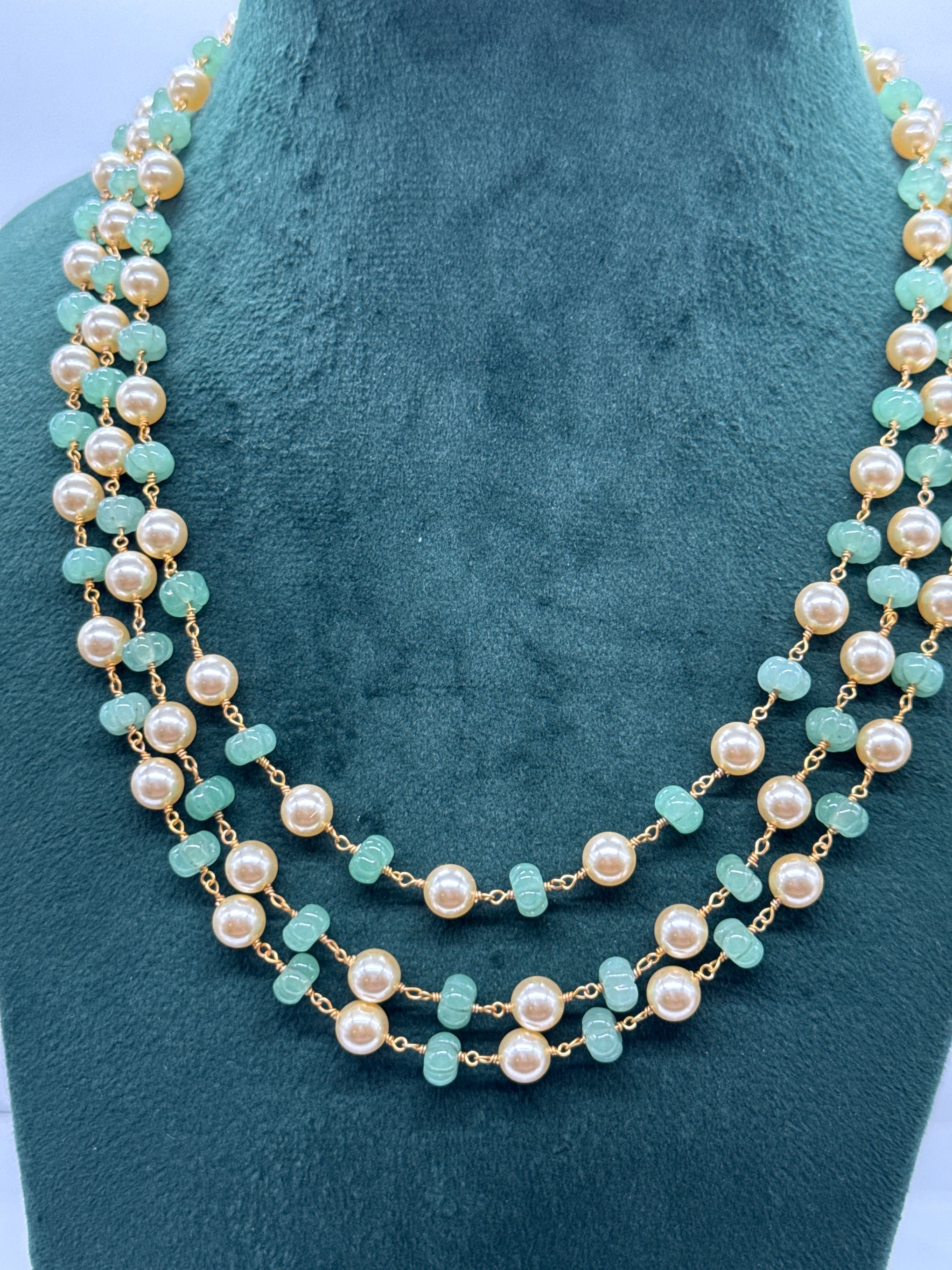 3 lines pearls and pumpkin beads mala